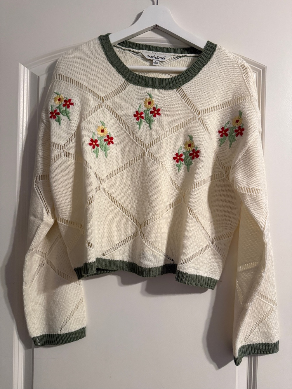 DAVI & DANI Cream Knit Sweater with Green Trim and Red-Yellow Floral Embroidery